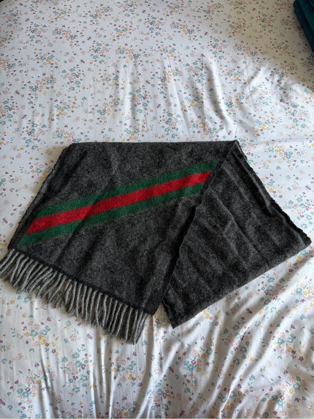 Gucci Dark Gray Scarf with Green and Red Stripe